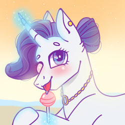 Size: 768x768 | Tagged: safe, artist:valkiria, derpibooru exclusive, imported from derpibooru, rarity, unicorn, beach, blushing, candy, cute, ear piercing, earring, food, gem, glowing horn, happy, horn, jewelry, lollipop, looking at you, magic, necklace, piercing, smiling, tongue out