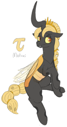 Size: 772x1453 | Tagged: safe, artist:heretichesh, imported from derpibooru, oc, oc only, oc:metaxi, changeling, changeling queen, braided ponytail, braided tail, changeling oc, crown, female, jewelry, mare, raised hoof, regalia, sitting, sketch, solo, yellow changeling