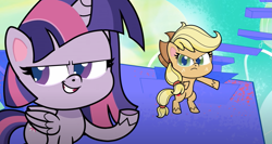 Size: 1593x845 | Tagged: safe, imported from derpibooru, screencap, applejack, twilight sparkle, pony, all bottled up (pony life), my little pony: pony life, spoiler:pony life s01e23, applejack is not amused, bipedal, g4.5, smug, unamused