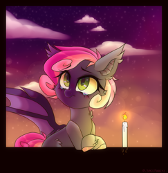 Size: 1385x1424 | Tagged: safe, artist:_spacemonkeyz_, imported from derpibooru, oc, oc only, oc:fizzle berry, bat pony, pony, candle, crying, sky, solo