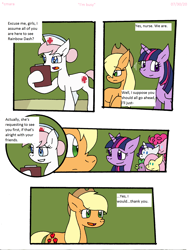 Size: 1700x2189 | Tagged: safe, artist:cmara, imported from derpibooru, applejack, fluttershy, nurse redheart, pinkie pie, rarity, spike, twilight sparkle, alicorn, dragon, earth pony, pegasus, unicorn, comic:i'm busy, applejack's hat, clipboard, comic, cowboy hat, female, grin, hat, hospital, implied rainbow dash, male, mare, open mouth, raised hoof, sad, smiling, twilight sparkle (alicorn)