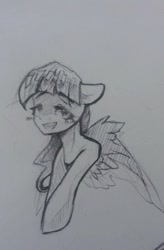 Size: 354x540 | Tagged: safe, artist:kiwwsplash, imported from derpibooru, oc, oc only, pegasus, pony, bust, grin, pegasus oc, signature, smiling, solo, traditional art, wings