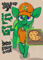 Size: 863x1179 | Tagged: safe, artist:marsminer, imported from derpibooru, oc, oc only, oc:lime dream, pony, unicorn, delivery pony, female, food, horn, mare, pizza, solo, spongebob squarepants, unicorn oc