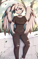 Size: 1928x3000 | Tagged: safe, artist:fensu-san, imported from derpibooru, oc, oc only, anthro, griffon, breasts, clothes, female, reasonably sized breasts, ripped pants, shirt, solo, t-shirt