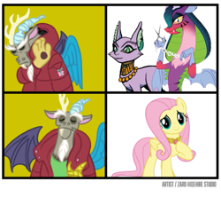 Size: 631x560 | Tagged: safe, artist:zarohidehire, idw, imported from derpibooru, baast, cosmos (character), discord, fluttershy, cat, draconequus, pegasus, pony, cosmos, female, male