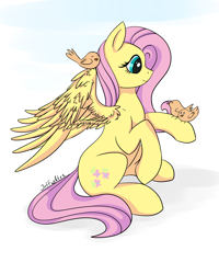 Size: 1584x1984 | Tagged: safe, artist:intfighter, imported from derpibooru, fluttershy, bird, pegasus, pony, cute, female, mare, perching, profile, shyabetes, sitting, smiling, spread wings, wings