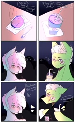 Size: 1280x2062 | Tagged: safe, artist:shinningblossom12, imported from derpibooru, oc, oc only, oc:drawing, oc:shinning blossom, pegasus, pony, coffee, comic, cup, dialogue, female, male, mare, pegasus oc, stallion, wings