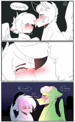 Size: 1280x2062 | Tagged: safe, artist:shinningblossom12, imported from derpibooru, oc, oc only, oc:drawing, oc:shinning blossom, pegasus, pony, blushing, comic, dialogue, female, kissing, male, mare, oc x oc, pegasus oc, shipping, stallion, straight, wings