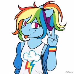 Size: 3000x3000 | Tagged: safe, artist:jellysiek, artist:jellysketch, imported from derpibooru, rainbow dash, anthro, pegasus, clothes, equestria girls outfit, female, looking at you, peace sign, simple background, smiling, solo, tongue out, victory, victory sign, white background