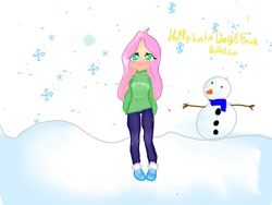 Size: 1080x810 | Tagged: safe, artist:bellas.den, imported from derpibooru, fluttershy, human, blushing, clothes, female, humanized, shoes, snow, snowman, solo