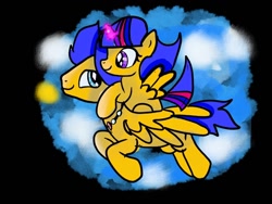 Size: 1080x810 | Tagged: safe, artist:bellas.den, imported from derpibooru, flash sentry, oc, alicorn, pony, alicorn oc, black background, duo, female, filly, flying, horn, jewelry, male, necklace, offspring, parent:flash sentry, parent:twilight sparkle, parents:flashlight, ponies riding ponies, riding, simple background, stallion, wings