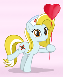 Size: 2752x3362 | Tagged: safe, artist:chomakony, imported from derpibooru, oc, oc only, oc:nurse reisol, earth pony, pony, balloon, cute, earth pony oc, female, hat, heart balloon, kissy face, looking at you, mare, nurse, nurse hat, orange eyes, raised hoof, show accurate, simple background, smiling, solo, teddy bear, weapons-grade cute