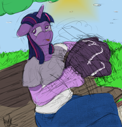 Size: 2605x2709 | Tagged: safe, artist:fetishsketches, imported from derpibooru, twilight sparkle, anthro, bench, clothes, crossed legs, doodle, fanning, female, flip flops, jeans, pants, shirt, solo, sweat, t-shirt, tongue out