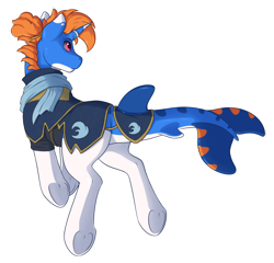 Size: 1883x1807 | Tagged: safe, artist:ailoy4, derpibooru exclusive, imported from derpibooru, oc, oc only, oc:arcane waves, dolphin, dolphin pony, original species, pony, unicorn, butt, clothes, male, scarf, simple background, solo, stallion, transparent background, underhoof