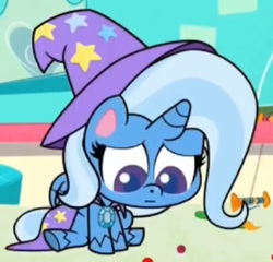 Size: 291x279 | Tagged: safe, imported from derpibooru, screencap, trixie, pony, unicorn, my little pony: pony life, spoiler:pony life s01e17, cape, clothes, cropped, cute, diatrixes, friendship gems, g4.5, hat, sad, sadorable, trixie's cape, trixie's hat