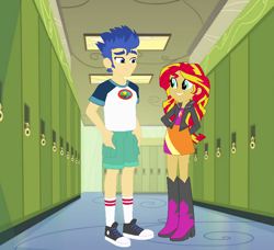 Size: 792x723 | Tagged: safe, artist:jadeharmony, artist:jadethepegasus, imported from derpibooru, flash sentry, sunset shimmer, equestria girls, canterlot high, converse, female, flashimmer, hallway, lockers, male, shipping, shoes, straight