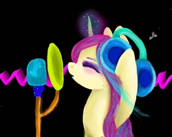 Size: 1080x861 | Tagged: safe, artist:bellas.den, imported from derpibooru, pony, unicorn, black background, bust, eyes closed, glowing horn, headphones, horn, makeup, microphone, signature, simple background, solo