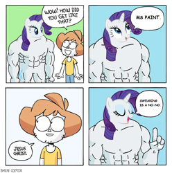 Size: 1079x1088 | Tagged: safe, imported from derpibooru, rarity, anthro, human, 1000 hours in ms paint, comic, exploitable meme, implied derpibooru, meme, muscles, overdeveloped muscles, quality, ripped rarity, shen comix