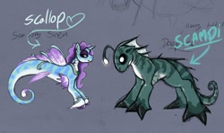 Size: 1280x756 | Tagged: safe, artist:drxii, imported from derpibooru, oc, oc only, oc:scallop, pony, sea pony, siren, digital art, horn, looking at each other, simple background