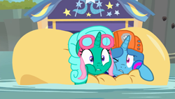 Size: 1919x1080 | Tagged: safe, artist:徐詩珮, imported from derpibooru, glitter drops, spring rain, pony, unicorn, series:sprglitemplight diary, series:sprglitemplight life jacket days, series:springshadowdrops diary, series:springshadowdrops life jacket days, clothes, cute, female, glitterbetes, lesbian, lifeguard, lifeguard spring rain, paw patrol, shipping, skye (paw patrol), springbetes, springdrops, zuma (paw patrol)