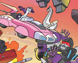 Size: 435x353 | Tagged: safe, artist:tonyfleecs, idw, imported from derpibooru, rarity, pony, unicorn, spoiler:comic, spoiler:friendship in disguise, arcee, autobot, car, comic, crossover, decepticon, shrapnel, transformers