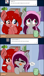 Size: 1718x2945 | Tagged: safe, artist:freefraq, imported from derpibooru, oc, oc only, oc:cherry slime, oc:lilac san, bat pony, goo, goo pony, original species, bat pony oc, bat wings, comic, cute, eyes closed, fangs, heterochromia, wings