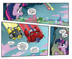 Size: 1988x1656 | Tagged: safe, artist:tonyfleecs, idw, imported from derpibooru, queen chrysalis, twilight sparkle, alicorn, spoiler:comic, spoiler:friendship in disguise, bumblebee, bumblebee (transformers), comic, crossover, equestria, magic, open mouth, optimus prime, transformers, twilight sparkle (alicorn)