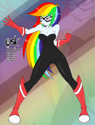 Size: 1668x2200 | Tagged: safe, artist:oldskullkid, imported from derpibooru, rainbow dash, equestria girls, bare shoulders, bodysuit, boots, breasts, cleavage, clothes, converse, costume, female, gloves, latex, mask, shoes, sleeveless, solo, strapless, superhero, zoom layer