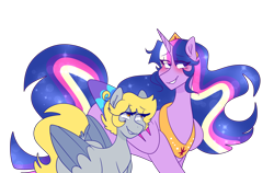 Size: 2048x1293 | Tagged: safe, artist:cubbybatdoodles, imported from derpibooru, derpy hooves, ditzy doo, twilight sparkle, alicorn, the last problem, blushing, colored wings, colored wingtips, female, jewelry, lesbian, long mane, long tail, princess twilight 2.0, regalia, shipping, short mane, short tail, simple background, size difference, transparent background, twerpy, twilight sparkle (alicorn)
