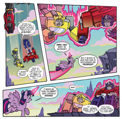 Size: 1995x1946 | Tagged: safe, artist:tonyfleecs, idw, imported from derpibooru, twilight sparkle, alicorn, spoiler:comic, spoiler:friendship in disguise, bumblebee, bumblebee (transformers), comic, cropped, crossover, equestria, magic, open mouth, optimus prime, transformers, twilight sparkle (alicorn), windblade