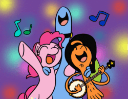 Size: 627x485 | Tagged: safe, artist:flutterluv, imported from derpibooru, pinkie pie, alien, earth pony, pony, animated, banjo, colorful lights, crossover, cute, it came from deviantart, music notes, musical instrument, purple background, simple background, singing, sweet dreams fuel, sylvia, sylvia (wander over yonder), trio, wander (wander over yonder), wander over yonder, zbornak