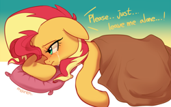 Size: 3891x2450 | Tagged: safe, artist:maren, imported from derpibooru, sunset shimmer, pony, unicorn, blanket, crying, depressed, depression, dialogue, female, gradient background, high res, leave me alone, mare, pillow, sad, solo, sunsad shimmer