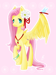 Size: 900x1200 | Tagged: safe, artist:pettaletta101, imported from derpibooru, fluttershy, dragonfly, insect, pegasus, pony, flower, flower in hair, pink background, simple background