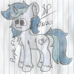 Size: 2060x2064 | Tagged: safe, artist:mlplayer dudez, artist:solder point, imported from derpibooru, oc, oc only, oc:purple flix, pony, unicorn, chest fluff, colored, cute, ear fluff, fluffy, happy, leg fluff, male, signature, smiling, solo, stallion, standing, traditional art