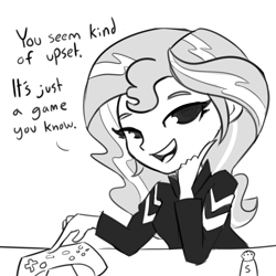 Size: 2250x2250 | Tagged: safe, artist:tjpones, imported from derpibooru, sunset shimmer, human, equestria girls, controller, female, food, grayscale, hypocritical humor, monochrome, role reversal, salt, smug, smugset shimmer, solo, you seem upset