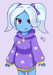Size: 1717x2428 | Tagged: safe, artist:kalipoart, imported from derpibooru, trixie, equestria girls, alternate hairstyle, babysitter trixie, clothes, cute, diatrixes, female, gameloft, gameloft interpretation, high res, hoodie, pigtails, purple background, simple background, solo, younger