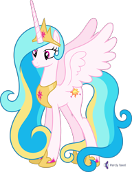 Size: 4000x5221 | Tagged: safe, artist:parclytaxel, imported from derpibooru, oc, oc only, oc:princess skysparkle, alicorn, pony, .svg available, absurd resolution, alicorn oc, celestia recolor, commission, crown, female, hoof shoes, horn, jewelry, mare, not celestia, peytral, regalia, simple background, smiling, solo, spread wings, transparent background, vector, wings