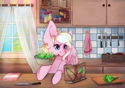 Size: 1024x720 | Tagged: safe, artist:screaming_cat, imported from derpibooru, oc, oc only, oc:bay breeze, pegasus, pony, book, bow, cooking, cute, female, food, hair bow, kitchen, mare, mouth hold, solo