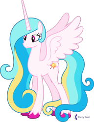 Size: 4000x5221 | Tagged: safe, alternate version, artist:parclytaxel, imported from derpibooru, oc, oc only, oc:princess skysparkle, alicorn, pony, .svg available, absurd resolution, alicorn oc, commission, female, horn, mare, not celestia, simple background, smiling, solo, spread wings, transparent background, unshorn fetlocks, vector, wings