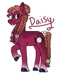 Size: 768x1024 | Tagged: safe, artist:pyrixii, imported from derpibooru, oc, oc only, oc:daisy, earth pony, braided pigtails, braided tail, female, flower, offspring, parent:big macintosh, parent:princess luna, parents:lunamac, silly, simple background, tongue out, white background