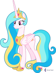 Size: 4000x5221 | Tagged: safe, alternate version, artist:parclytaxel, imported from derpibooru, oc, oc only, oc:princess skysparkle, alicorn, pony, .svg available, absurd resolution, alicorn oc, celestia recolor, commission, crown, female, hoof shoes, horn, jewelry, mare, not celestia, peytral, regalia, simple background, smiling, solo, transparent background, vector, wings