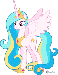 Size: 4000x5221 | Tagged: safe, alternate version, artist:parclytaxel, imported from derpibooru, oc, oc only, oc:princess skysparkle, alicorn, pony, .svg available, absurd resolution, alicorn oc, commission, crown, female, hoof shoes, horn, jewelry, mare, not celestia, peytral, regalia, simple background, smiling, solo, sparkles, spread wings, transparent background, vector, wings