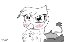 Size: 1200x675 | Tagged: safe, artist:pony-berserker, imported from derpibooru, gilda, griffon, behaving like a bird, blushing, cute, female, gilda is not amused, gildadorable, gildere, halftone, monochrome, neo noir, partial color, pony-berserker's twitter sketches, puffy cheeks, solo, stippling, tsundere, unamused