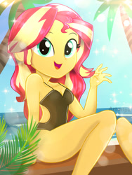 Size: 1800x2400 | Tagged: safe, artist:artmlpk, imported from derpibooru, sunset shimmer, equestria girls, adorable face, adorasexy, adorkable, bare chest, bare shoulders, beach, beautiful, black swimsuit, clothes, cute, digital art, dork, female, lens flare, looking at you, one-piece swimsuit, open mouth, palm tree, sexy, shimmerbetes, sleeveless, smiley face, smiling, smiling at you, solo, summer, swimsuit, topless, tree, water, watermark