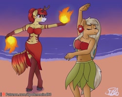 Size: 1024x811 | Tagged: safe, artist:spokenmind93, imported from derpibooru, oc, oc only, oc:misty tailwind, oc:mystic fire, anthro, bat pony, kirin, unguligrade anthro, armpits, bat pony oc, bat wings, beach, belly button, breasts, cleavage, clothes, dancing, fire, flower, flower in hair, grass skirt, hula, hula dance, kirin oc, leaf skirt, midriff, sarong, skirt, wings