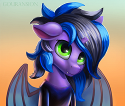 Size: 2808x2383 | Tagged: source needed, safe, artist:foxpit, artist:gouransion, imported from derpibooru, oc, oc only, oc:kuro, bat pony, dragon, hybrid, bat wings, bust, clothes, commission, cute, cute little fangs, fangs, floppy ears, gradient background, green eyes, looking at you, male, solo, spread wings, two toned mane, wings