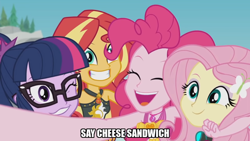 Size: 1024x576 | Tagged: safe, edit, edited screencap, imported from derpibooru, screencap, cheese sandwich, fluttershy, pinkie pie, sci-twi, sunset shimmer, twilight sparkle, equestria girls, equestria girls series, unsolved selfie mysteries, caption, clothes, cute, diapinkes, female, geode of empathy, geode of sugar bombs, image macro, magical geodes, one eye closed, selfie, shimmerbetes, shyabetes, swimsuit, text, twiabetes, wetsuit, wink