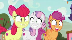 Size: 1920x1080 | Tagged: safe, imported from derpibooru, screencap, apple bloom, scootaloo, sweetie belle, earth pony, pegasus, pony, unicorn, growing up is hard to do, adorabloom, bow, buzzing wings, cropped, cute, cutealoo, cutie mark crusaders, diasweetes, excited, faic, feathered wings, female, flapping wings, grin, hair bow, irrational exuberance, lip bite, mare, older, older apple bloom, older cmc, older scootaloo, older sweetie belle, open mouth, shrunken pupils, smiling, stepford smiler, teeth, the cmc's cutie marks, trio, want, wide eyes, wings