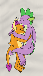 Size: 3000x5264 | Tagged: safe, artist:aaron amethyst, imported from derpibooru, smolder, spike, dragon, cute, duo, female, male, older, older smolder, older spike, shipping, snuggling, spolder, straight