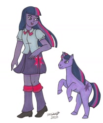 Size: 1080x1285 | Tagged: safe, alternate version, artist:nwladybugart, imported from derpibooru, twilight sparkle, pony, unicorn, equestria girls, clothes, colored hooves, cutie mark, cutie mark on clothes, duo, female, human ponidox, looking down, mare, rearing, self ponidox, shoes, signature, simple background, skirt, smiling, transparent background, unicorn twilight, white background